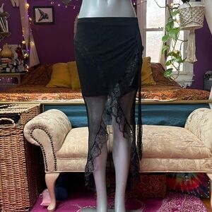 Vintage Y2K Goth Grunge Fishnet Lace Ruffle trim asymmetrical Maxi skirt